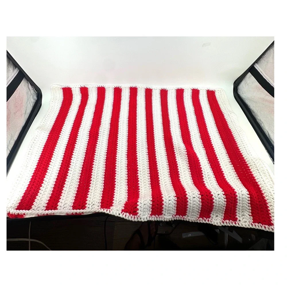 Handmade Crochet Afghan Blanket Red White Christmas Candy Cane Striped 24x40
